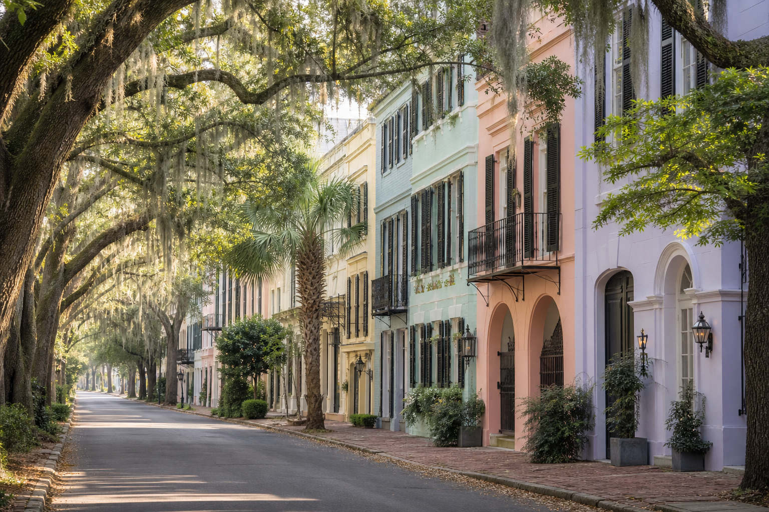 A tree lined Charleston street under live oaks