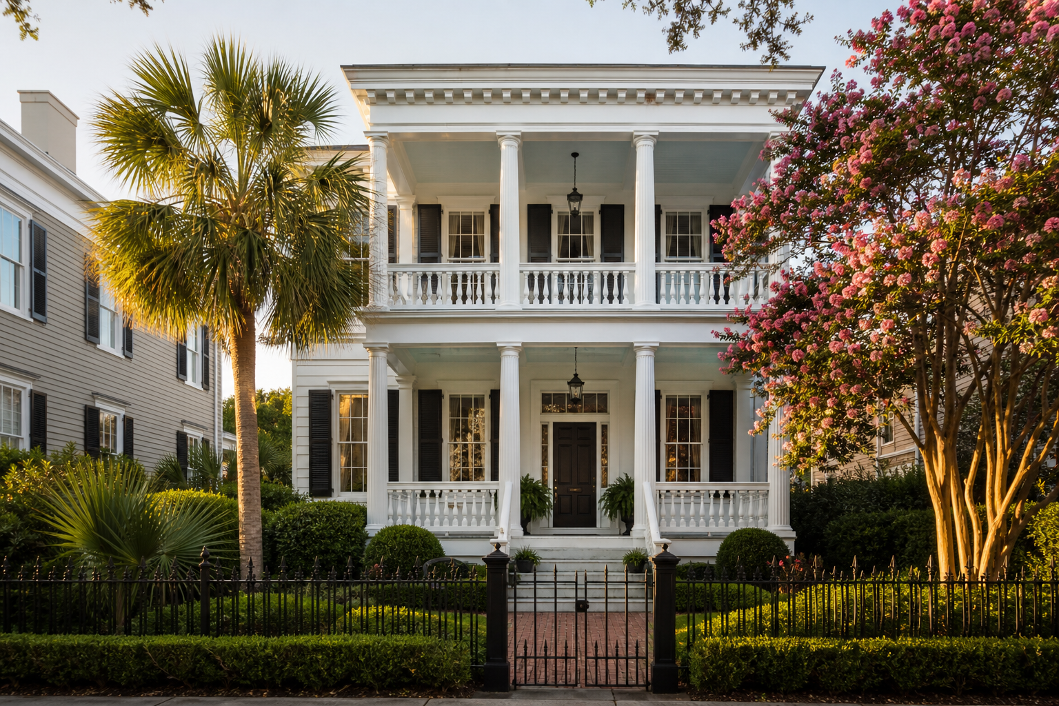 A classic Charleston single house with a two story piazza