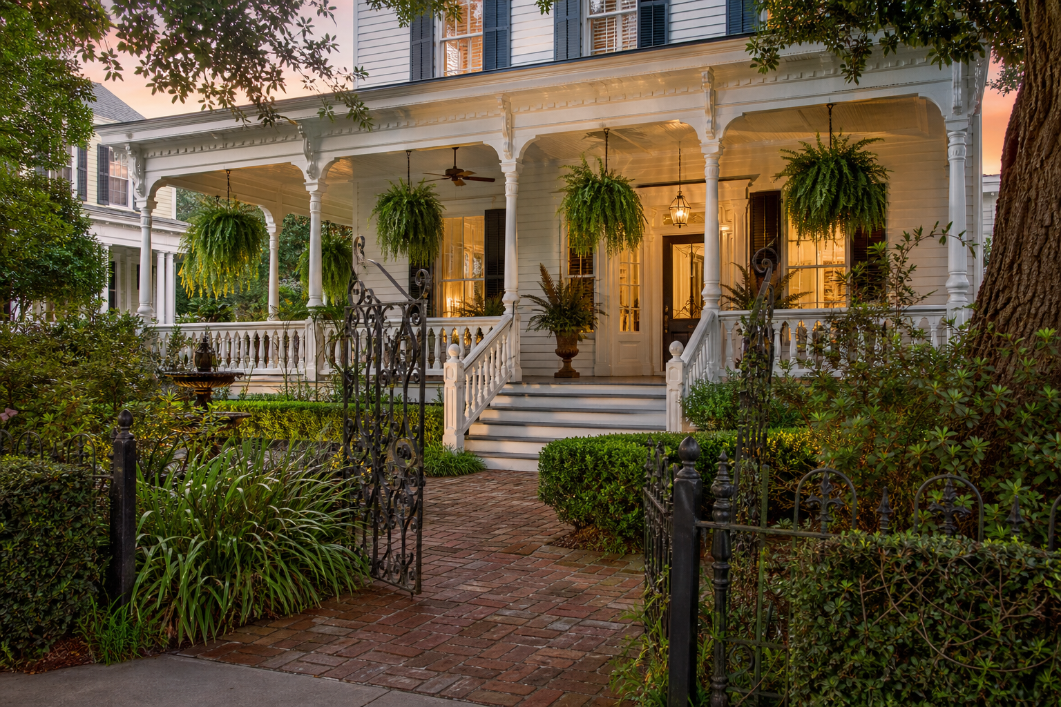 A Charleston home with a deep front porch at dusk