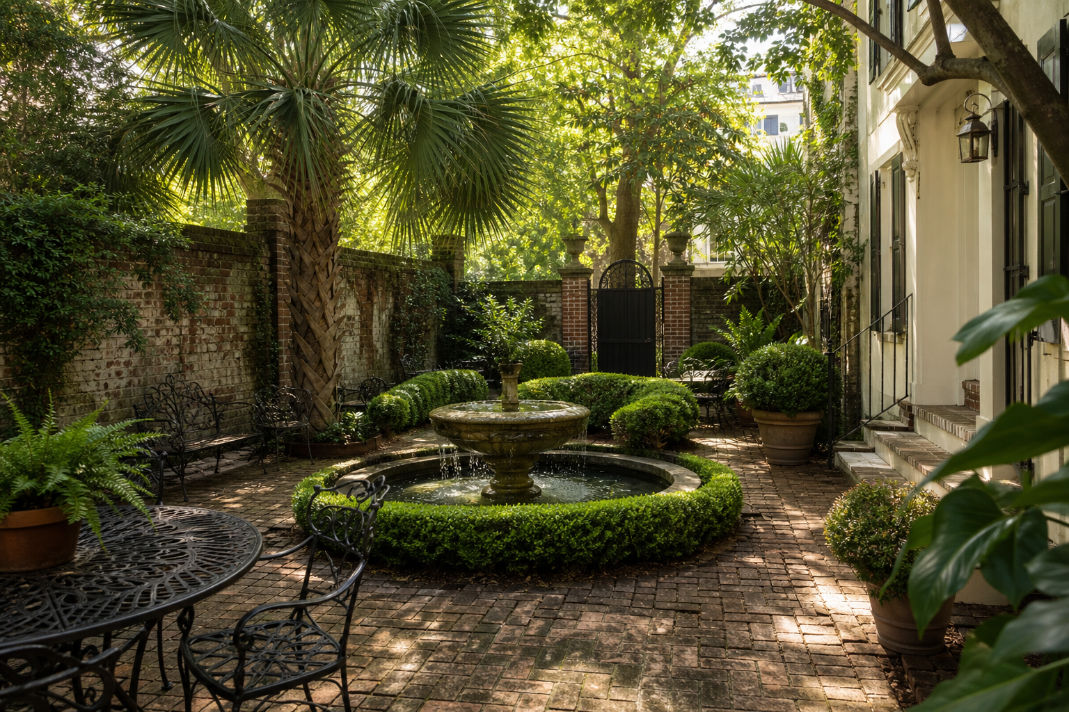 A sunlit walled Charleston courtyard garden